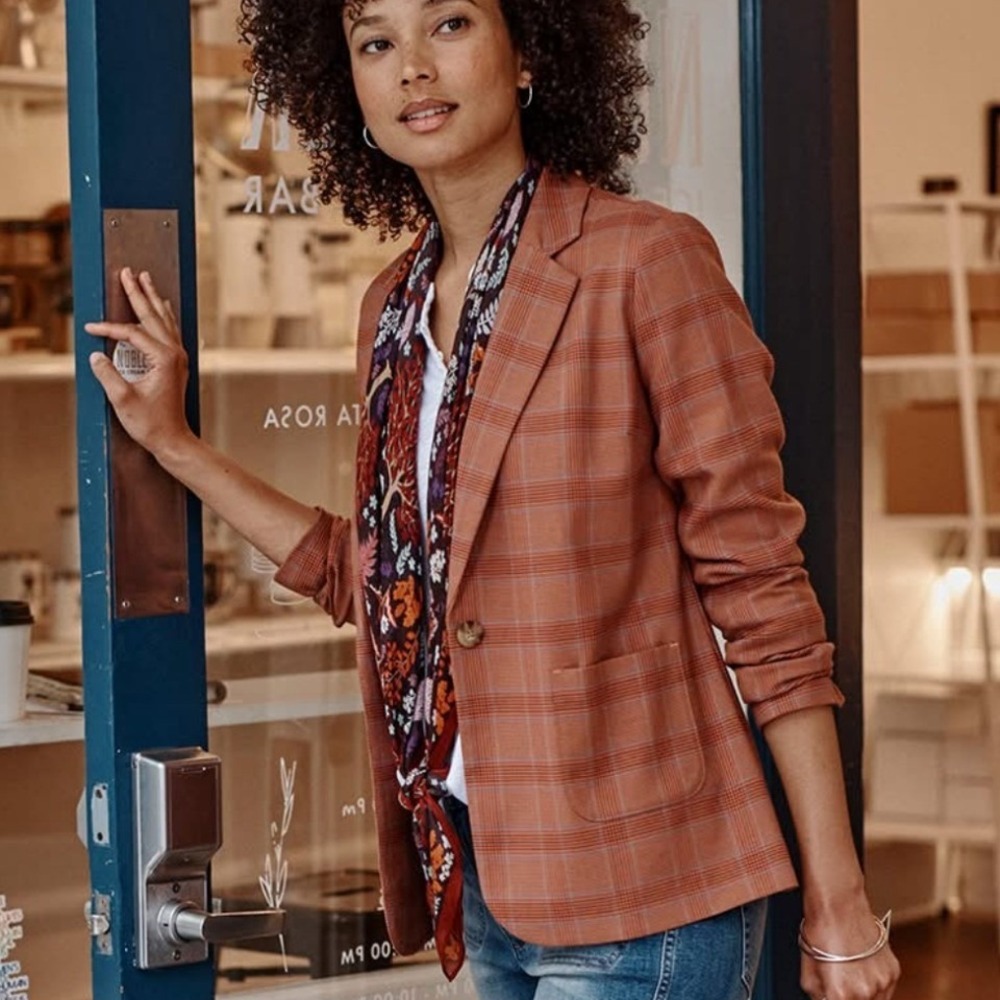J Jill Womens Mendocino XS Terracotta Rust Plaid Single Button Blazer Jacket
